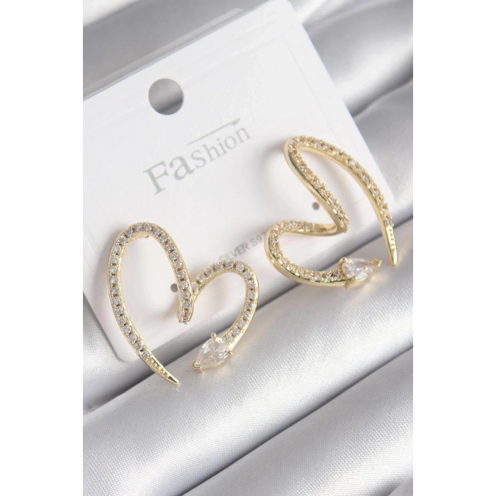 BFS Pirinç Gold Renk Zirkon Taşlı Yılan Kalp Model Kadın Küpe