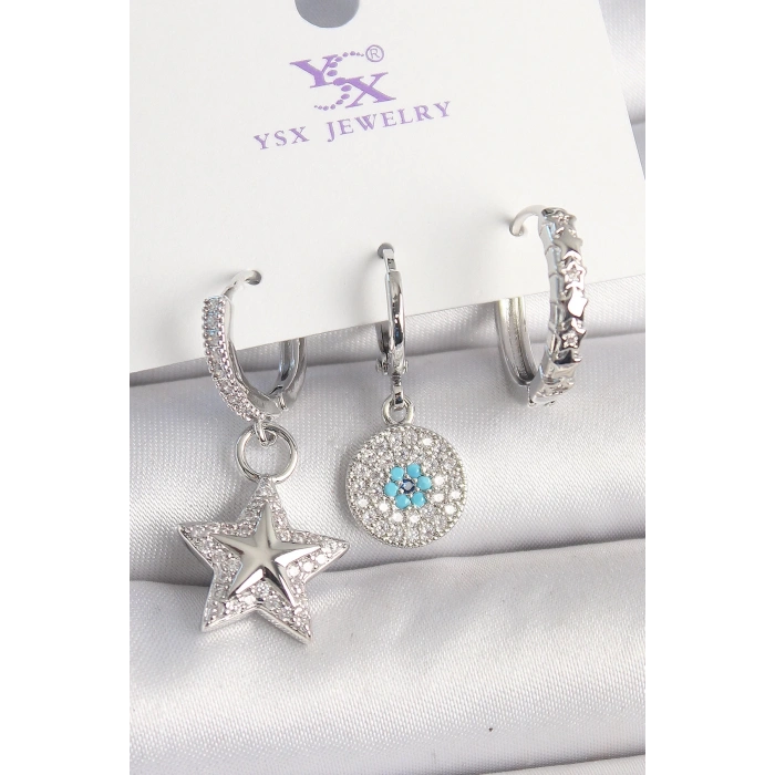 BFS Pirinç Gold Renk Zirkon Taşlı Yıldız Model Nazar Boncuk Detay 3Lü Kadın Kombin Küpe