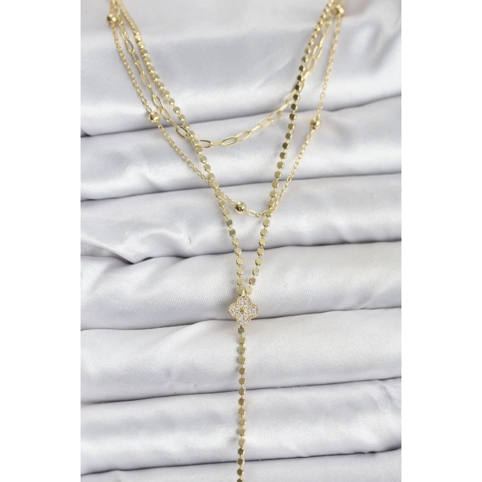 BFS Pirinç Gold Renk Zirkon Taşlı Yonca Model Detaylı 3lü Kombin Y Kadın Kolye