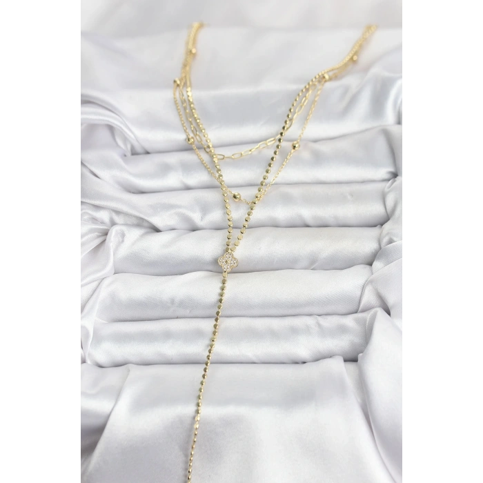 BFS Pirinç Gold Renk Zirkon Taşlı Yonca Model Detaylı 3lü Kombin Y Kadın Kolye