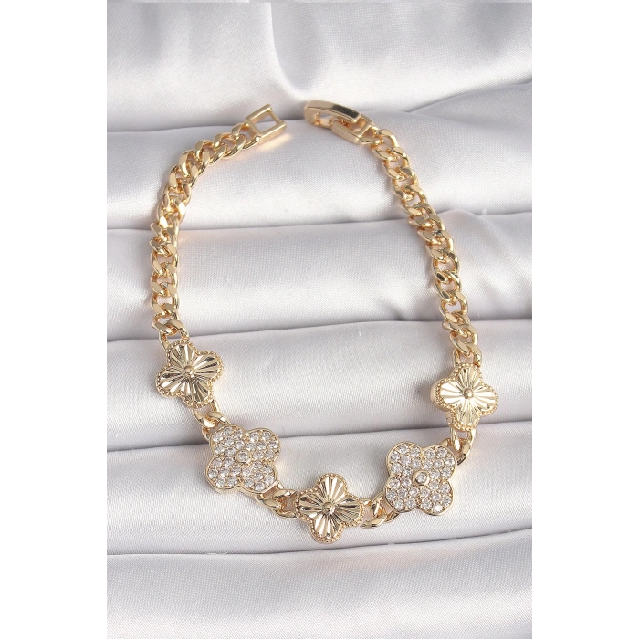 BFS Pirinç Gold Renk Zirkon Taşlı Yonca Model Kadın Bileklik