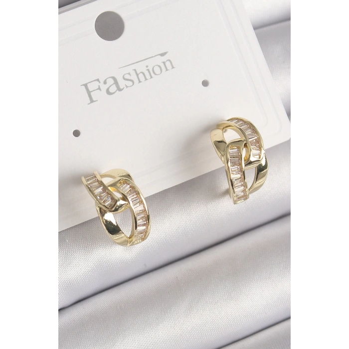 BFS Pirinç Gold Renk Zirkon Taşlı Zincir Model Kadın Küpe