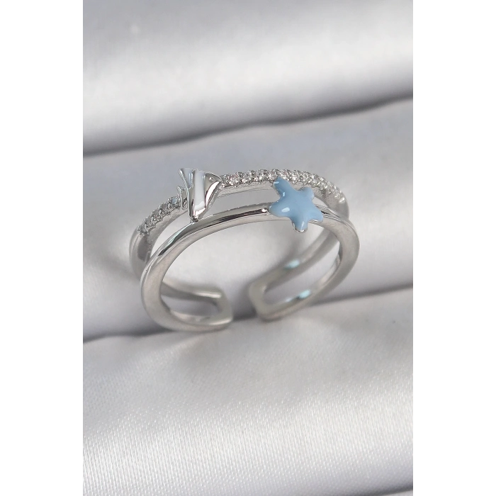 BFS Pirinç Gümüş Renk 2Li Zirkon Taşlı Mavi Yıldız Figür Ayarlanabilir Kadın Yüzük