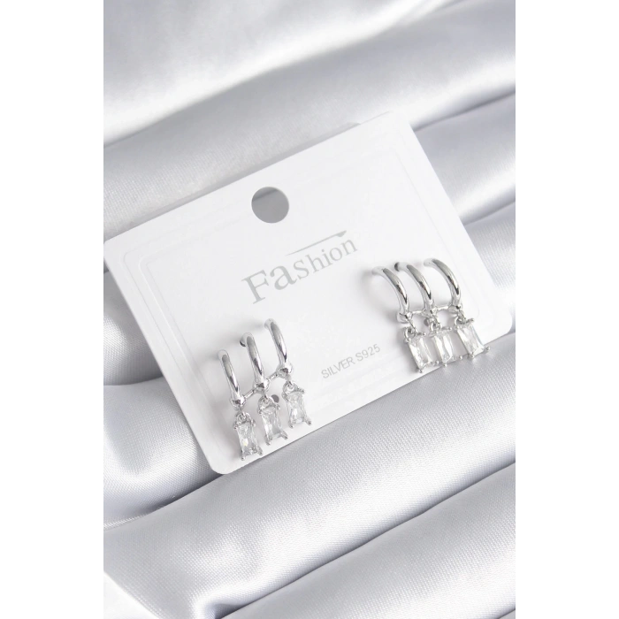 BFS Pirinç Gümüş Renk 3lü Sallantı Zirkon Taşlı Küpe