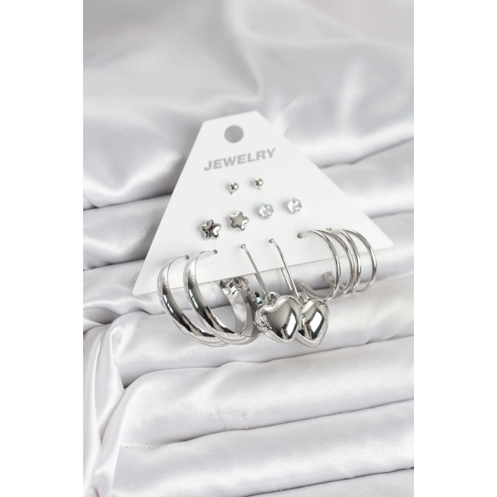 BFS Pirinç Gümüş Renk 6 Çift Kadın Küpe Seti