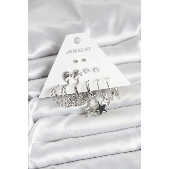 BFS Pirinç Gümüş Renk 6lı Kadın Küpe Seti