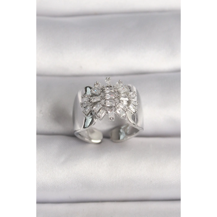 BFS Pirinç Gümüş Renk Ayarlanabilir Baget Zirkon Taş Model Kadın Yüzük