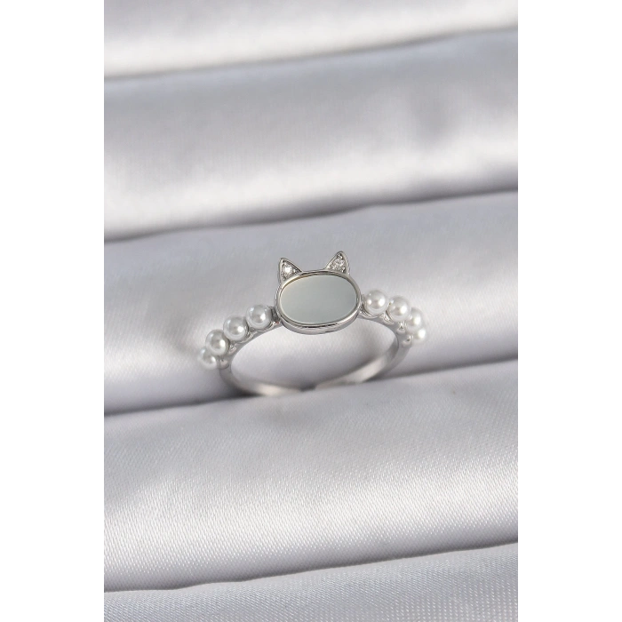 BFS Pirinç Gümüş Renk Ayarlanabilir Beyaz Mineli Kedi Model İnci Detay Kadın Yüzük