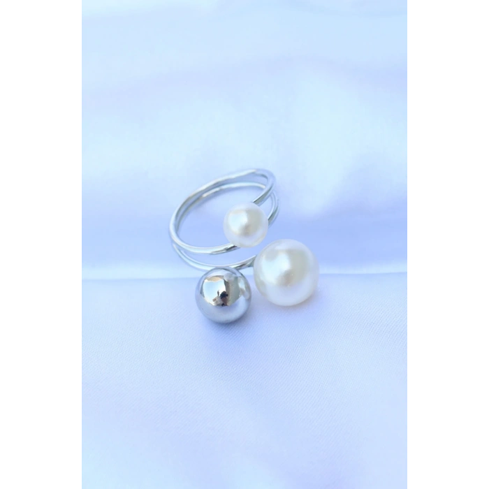 BFS Pirinç Gümüş Renk Ayarlanabilir İnci Taşlı Yüzük