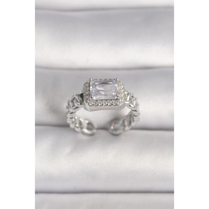 BFS Pirinç Gümüş Renk Ayarlanabilir Zincir Kare Zirkon Taşlı Kadın Yüzük