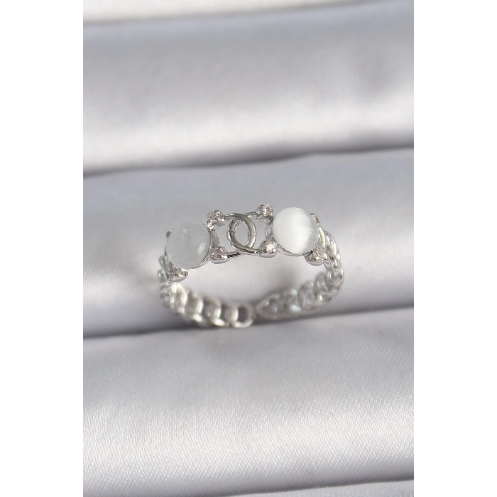 BFS Pirinç Gümüş Renk Ayarlanabilir Zirkon Taşlı Beyaz Mineli Birleşik Halka Model Kadın Yüzük