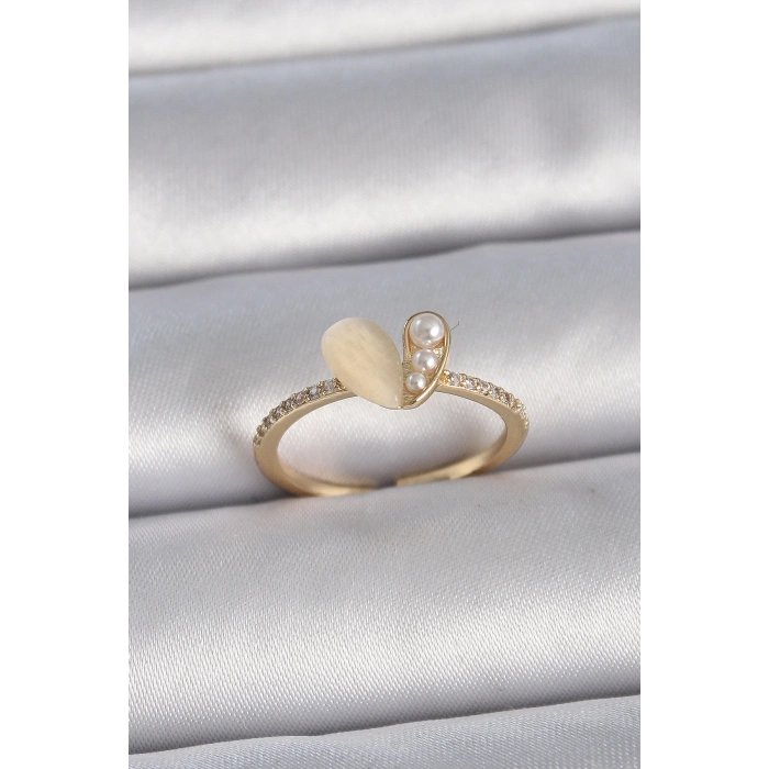 BFS Pirinç Gümüş Renk Ayarlanabilir Zirkon Taşlı Beyaz Mineli Kalp Model Kadın Yüzük