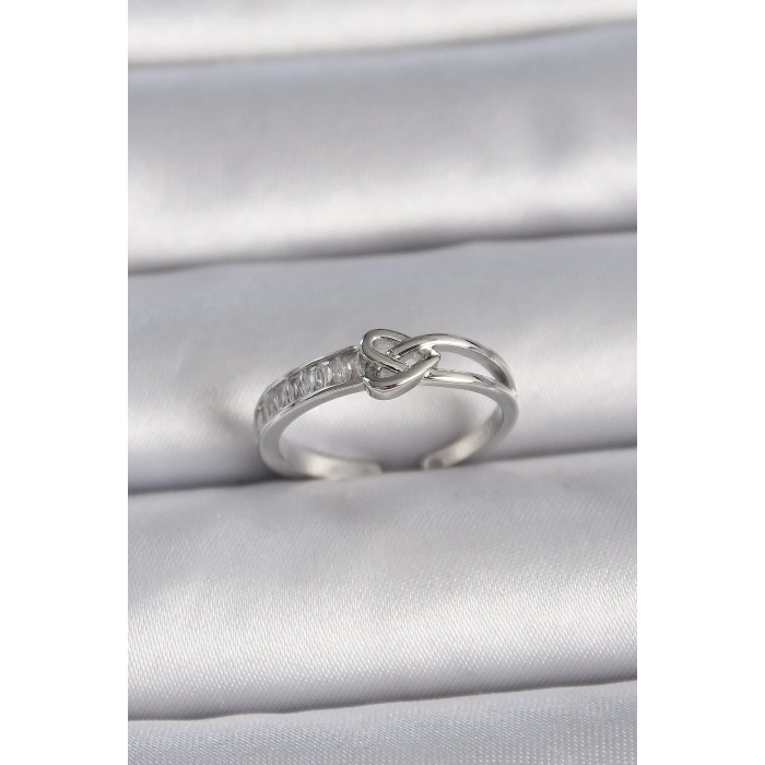 BFS Pirinç Gümüş Renk Ayarlanabilir Zirkon Taşlı Düğüm Kalp Model Kadın Yüzük