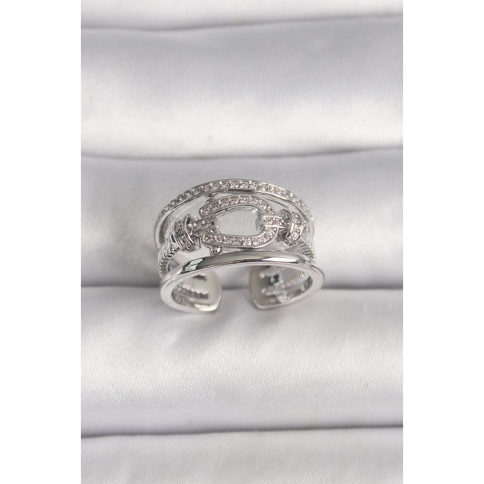 BFS Pirinç Gümüş Renk Ayarlanabilir Zirkon Taşlı Gemici Düğüm Model Kadın Yüzük