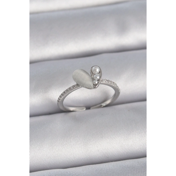 BFS Pirinç Gümüş Renk Ayarlanabilir Zirkon Taşlı İncili Beyaz Mineli Kalp Model Kadın Yüzük