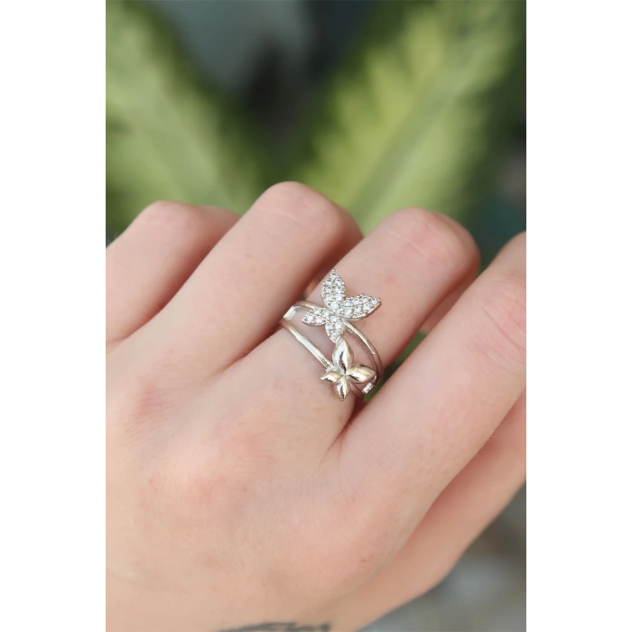 BFS Pirinç Gümüş Renk Ayarlanabilir Zirkon Taşlı Kelebek Yüzük