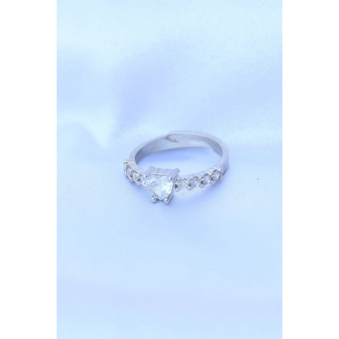 BFS Pirinç Gümüş Renk Ayarlanabilir Zirkon Taşlı Minimal Kalp Yüzük