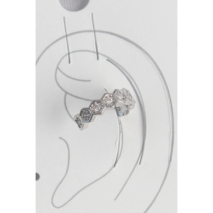 BFS Pirinç Gümüş Renk Bal Peteği Model Zirkon Taşlı Kadın Kıkırdak Küpe