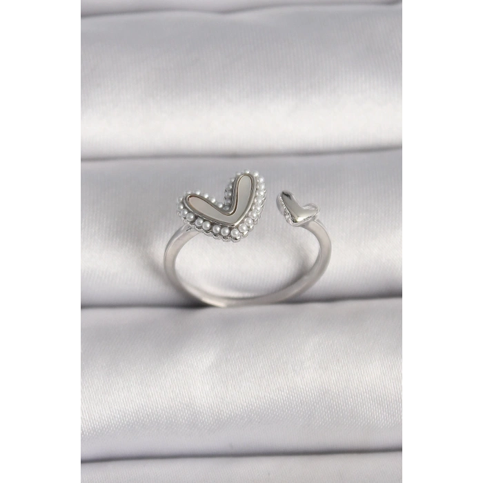 BFS Pirinç Gümüş Renk Beyaz Mineli İnci Detaylı Kalp Model Ayarlanabilir Yüzük