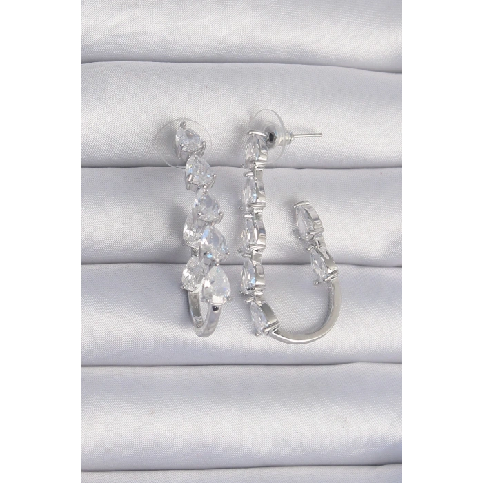 BFS Pirinç Gümüş Renk Damla Zirkon Taş Tasarımlı Küpe