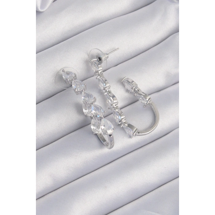 BFS Pirinç Gümüş Renk Damla Zirkon Taş Tasarımlı Küpe