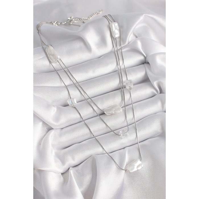 BFS Pirinç Gümüş Renk Ezme İnci Model Çoklu Kadın Kolye