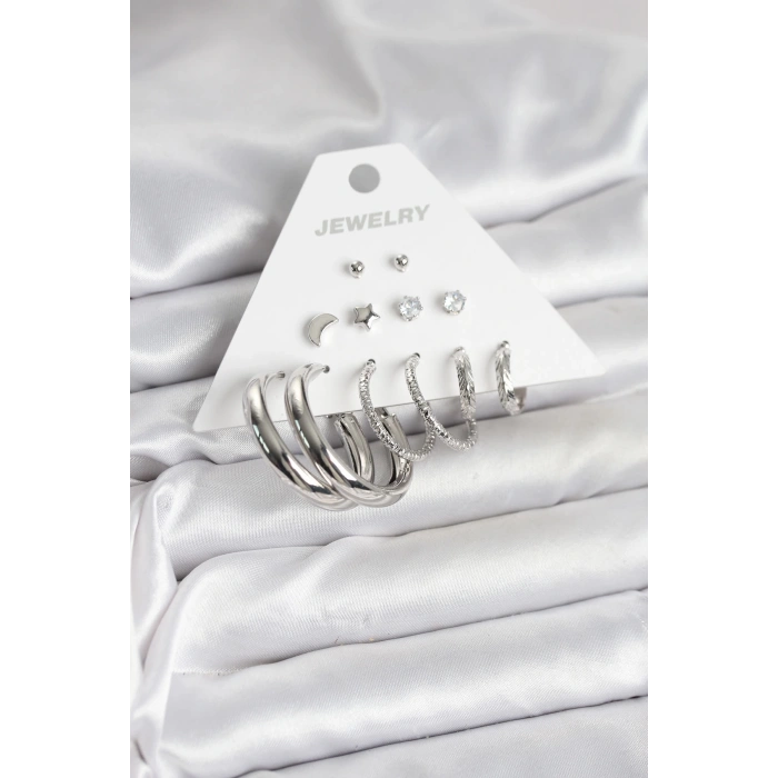 BFS Pirinç Gümüş Renk Halka Modelli 6 Çift Kadın Küpe