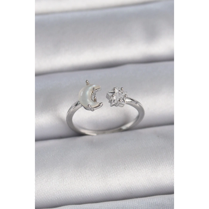 BFS Pirinç Gümüş Renk İncili Hilal Zirkon Taşlı Yıldız Ayarlanabilir Kadın Yüzük