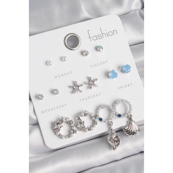 BFS Pirinç Gümüş Renk İncli Zirkon Taşlı Halka Figür Yıldız Detay 7 Çift Kadın Küpe Seti