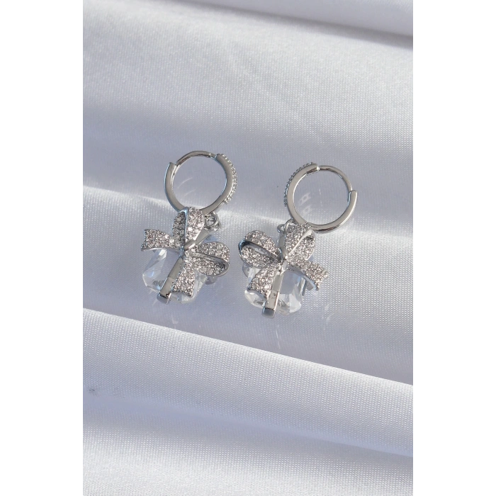 BFS Pirinç Gümüş Renk İri Zirkon Taşlı Fiyonk Model Halka Küpe