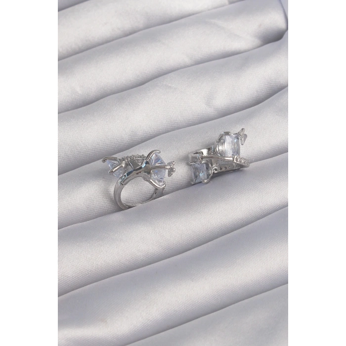 BFS Pirinç Gümüş Renk İri Zirkon Taşlı Kıvrımlı Minimal Kelebekli Halka Küpe