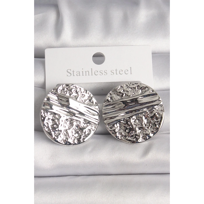 BFS Pirinç Gümüş Renk İşlemeli Daire Plaka Model Kadın Küpe