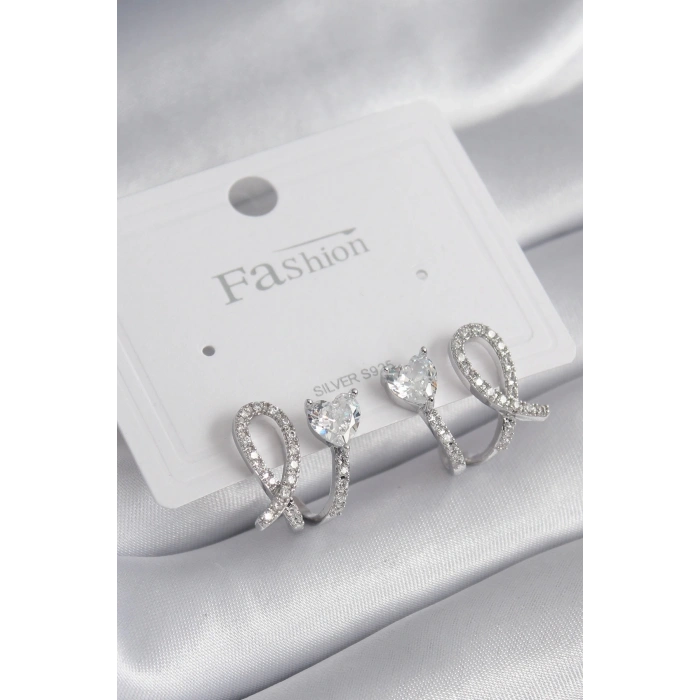 BFS Pirinç Gümüş Renk Kalp Model Zirkon Taşlı Kadın Küpe