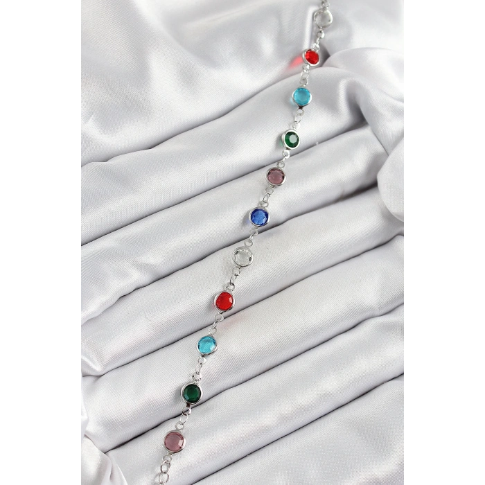 BFS Pirinç Gümüş Renk Karışık Renk Zirkon Taşlı Kadın Bileklik