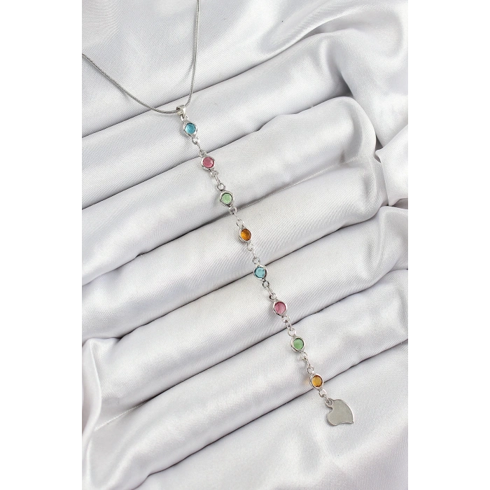 BFS Pirinç Gümüş Renk Karışık Renk Zirkon Taşlı Y Kadın Kolye