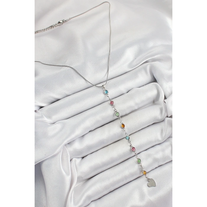 BFS Pirinç Gümüş Renk Karışık Renk Zirkon Taşlı Y Kadın Kolye