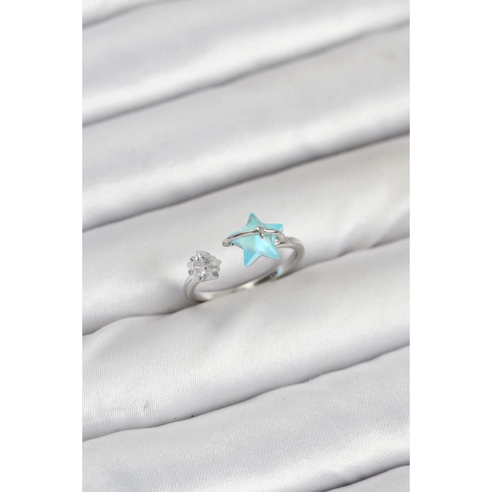 BFS Pirinç Gümüş Renk Mavi Yıldızlı Model Kadın Yüzük