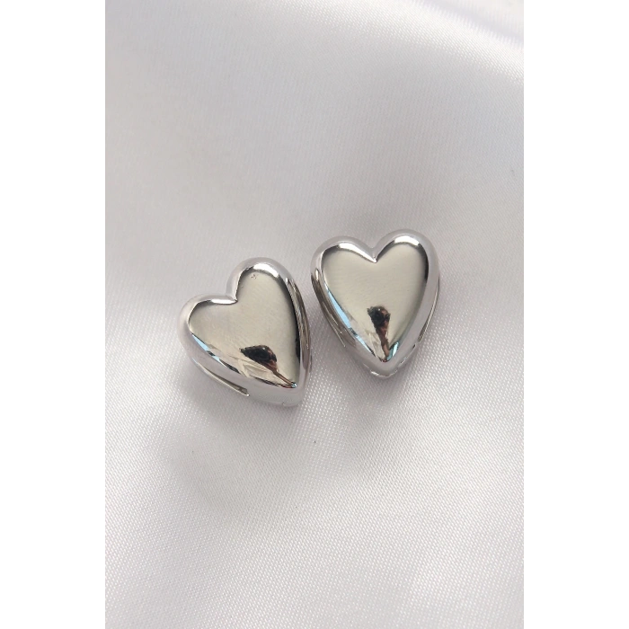 BFS Pirinç Gümüş Renk Minimal Bombeli Kalp Küpe