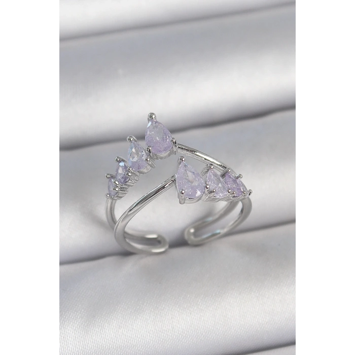 BFS Pirinç Gümüş Renk Mor Damla Zirkon Taşlı Taç Model Kadın Yüzük
