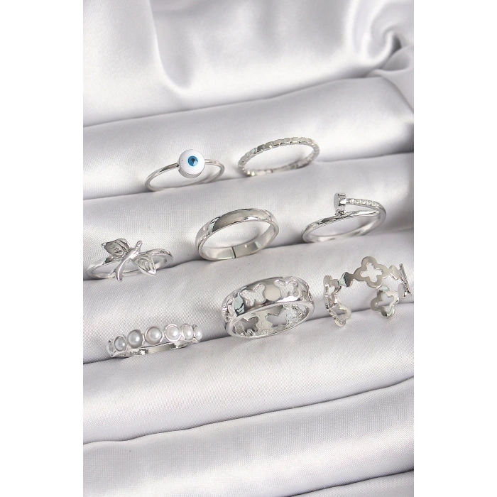 BFS Pirinç Gümüş Renk Nazar Boncuk Detay İncili Kelebek İşlemeli Kadın Yüzük Kombini