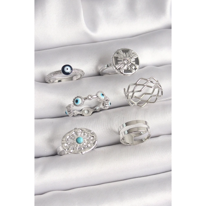 BFS Pirinç Gümüş Renk Nazar Boncuk Zirkon Taş Detaylı Dalga Figür Kadın Yüzük Kombini