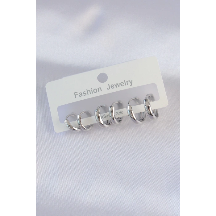 BFS Pirinç Gümüş Renk Oval Bombeli Küpe Seti