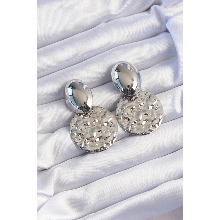 BFS Pirinç Gümüş Renk Oval Ezme Plaka Küpe