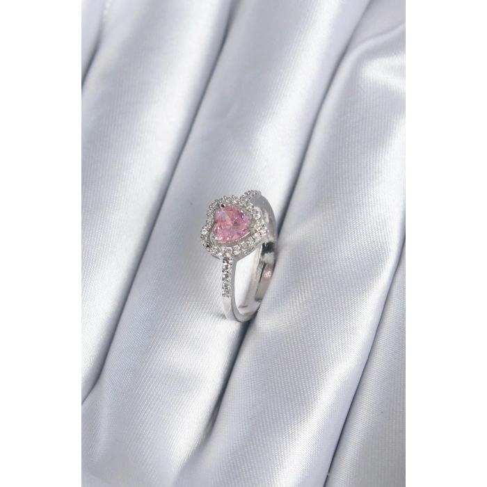 BFS Pirinç Gümüş Renk Pembe Zirkon Taş Kalp Charm Model Kadın Yüzük