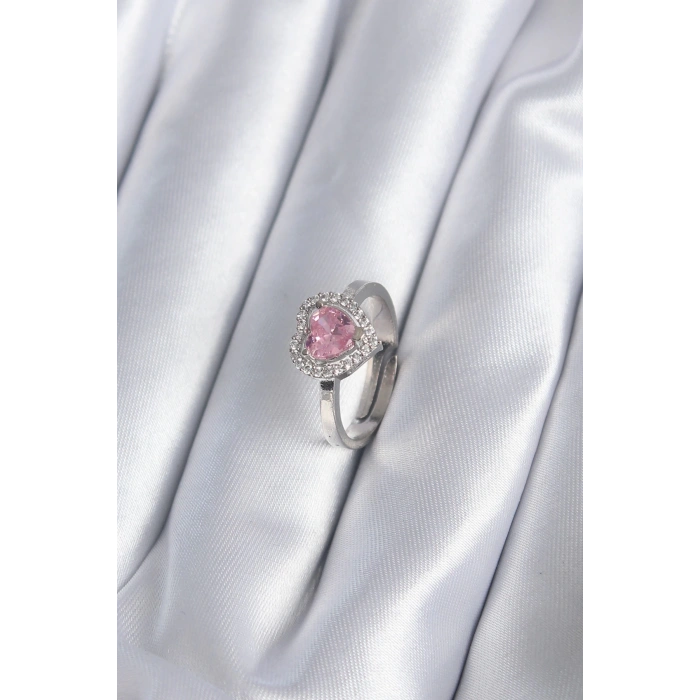 BFS Pirinç Gümüş Renk Pembe Zirkon Taşlı Charm Model Kadın Yüzük