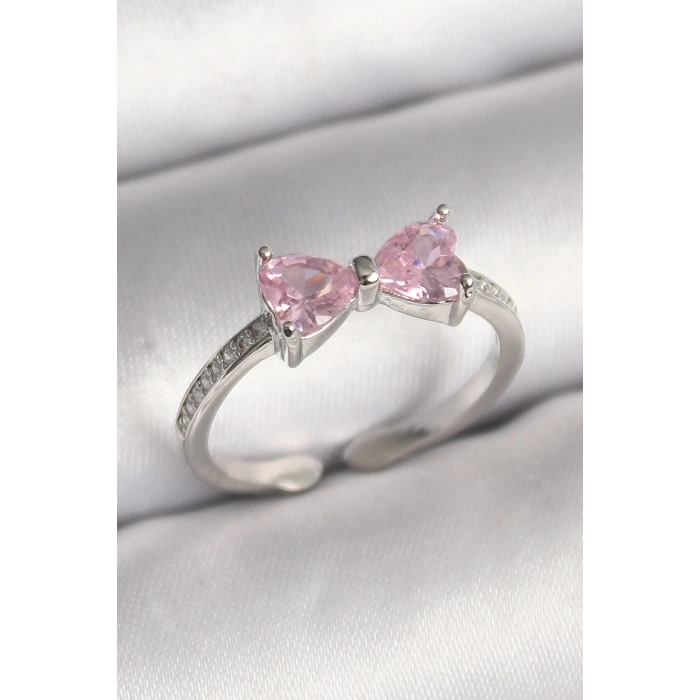 BFS Pirinç Gümüş Renk Pembe Zirkon Taşlı Kalp Fiyonk Model Kadın Yüzük