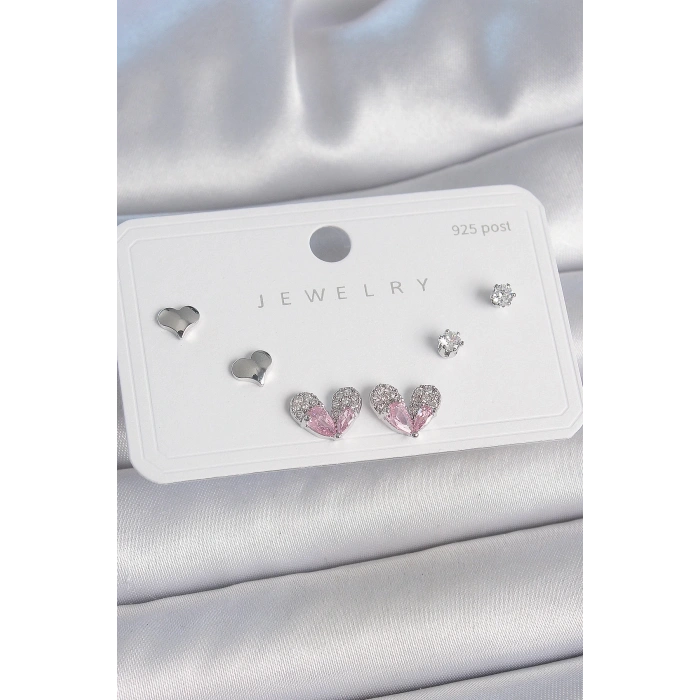 BFS Pirinç Gümüş Renk Pembe Zirkon Taşlı Kalp Model 925 Ayar Gümüş Çivi Kadın Küpe Seti