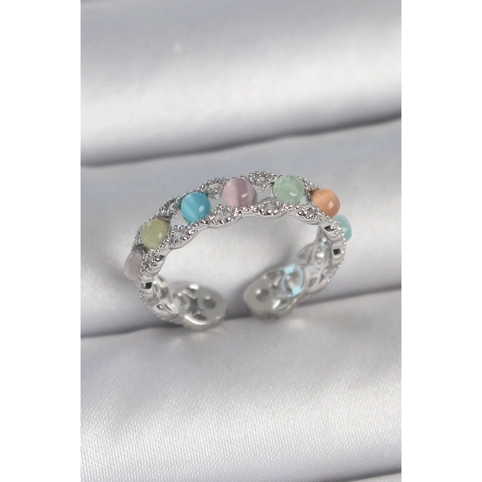 BFS Pirinç Gümüş Renk Renkli Mineli Ayarlanabilir Kadın Yüzük