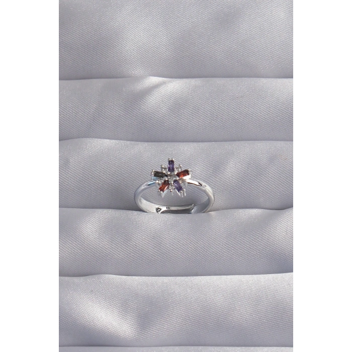 BFS Pirinç Gümüş Renk Renkli Zirkon Taşlı Ayarlamalı Yüzük