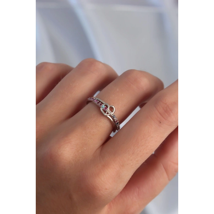 BFS Pirinç Gümüş Renk Renkli Zirkon Taşlı Ayarlamalı Yüzük